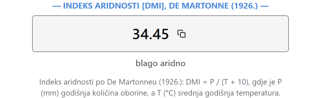 Kartica na izvještaju - primjer Đakovo (1981. – 2001.): Indeks aridnosti [DMI], De Martonne (1926.)