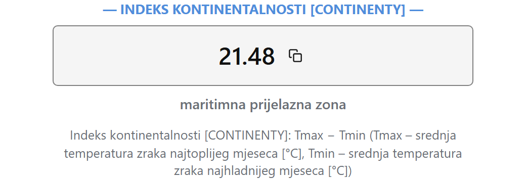 Kartica na izvještaju - primjer Đakovo (1981. – 2001.): Indeks kontinentalnosti [CONTINENTY]