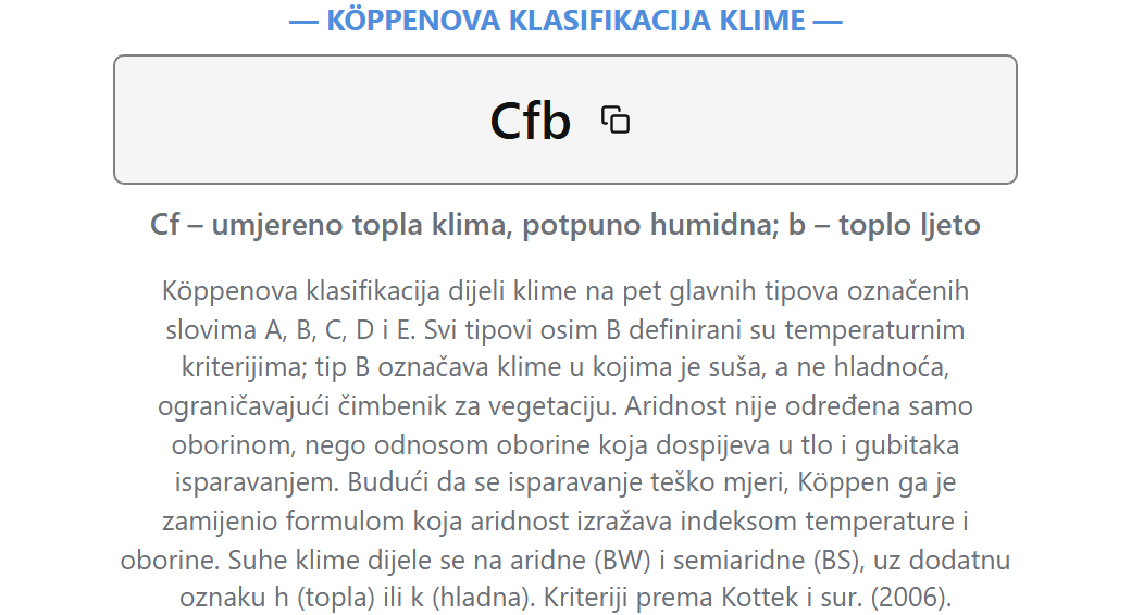 Kartica na izvještaju - primjer Đakovo (1981. – 2001.): Köppenova klasifikacija klime