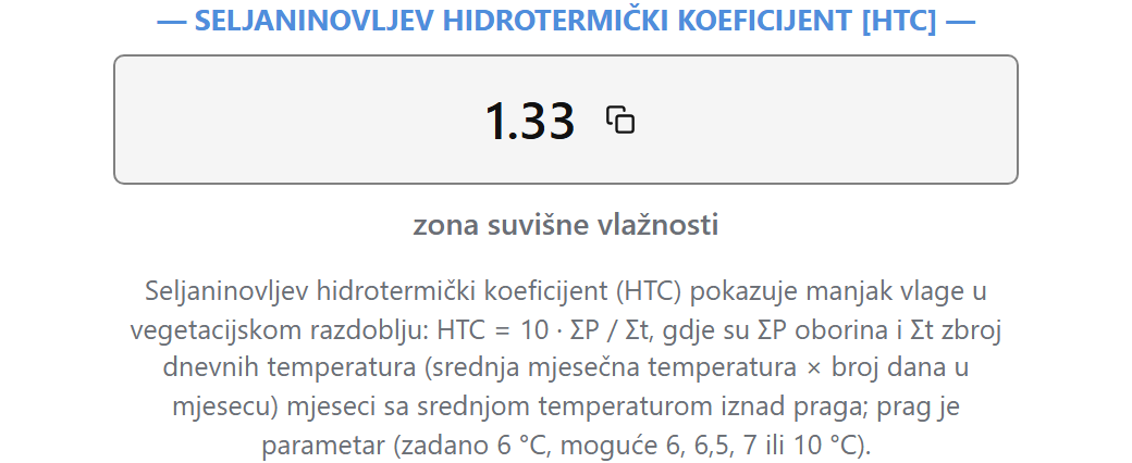 Kartica na izvještaju - primjer Đakovo (1981. – 2001.): Seljaninovljev hidrotermički koeficijent [HTC]